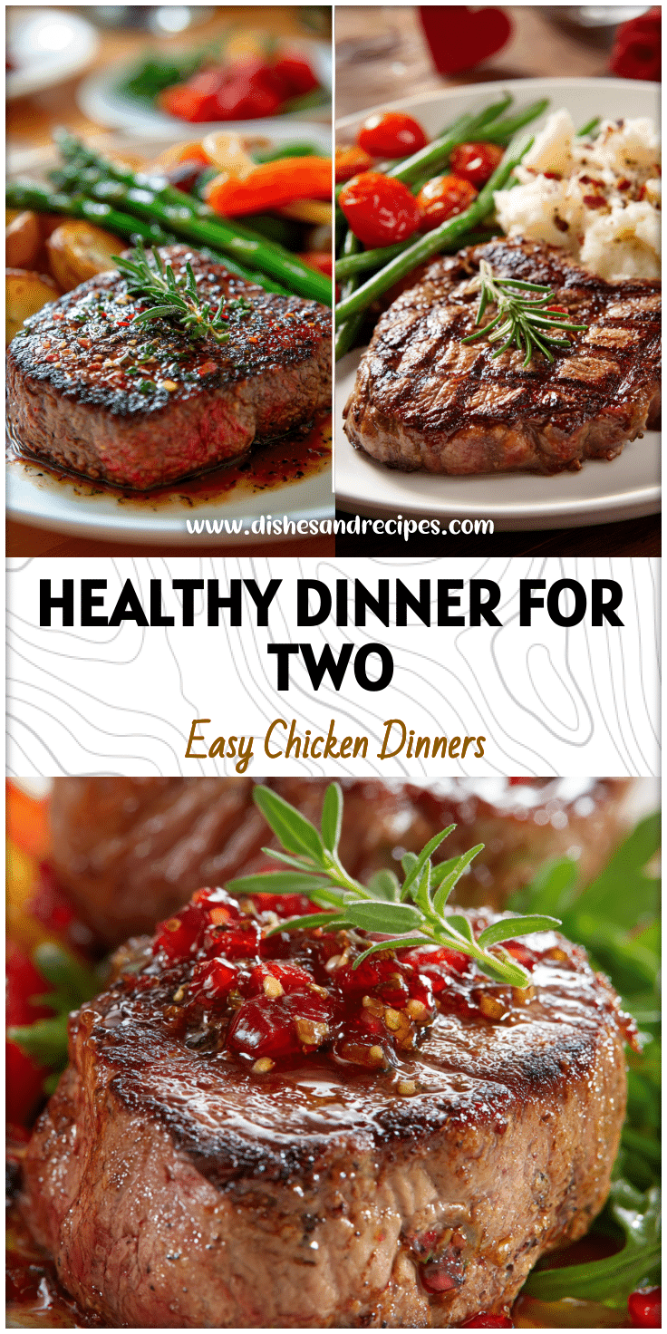 Beautiful table setting with healthy Valentines Dinners For Two featuring an Easy Valentine steak dinner main course.